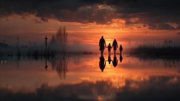 Family walks along a reflective lake at sunset, creating a serene and heartwarming moment in nature photo