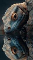 Blue and textured lizard reflected in calm water near rocky habitat photo