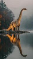 Majestic dinosaur statue reflecting on calm lake at dawn in serene autumn landscape photo