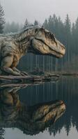 Large dinosaur sculpture rests calmly by a serene lake surrounded by towering trees in early morning mist photo