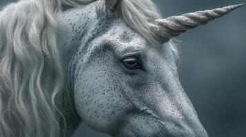 Unicorn with a majestic white mane and spiral horn captured in a serene gray atmosphere photo