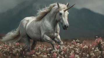 Majestic unicorn running through a colorful flower field in the mountains during a cloudy afternoon photo