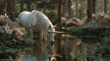 Majestic unicorn drinking from a serene forest pond surrounded by lush greenery and vibrant flowers in soft morning light photo