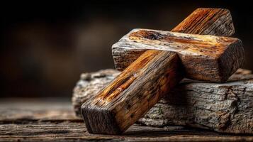 Wooden cross resting on textured logs in a dimly lit environment highlighting craftsmanship and spirituality photo