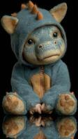 Cute creature in a blue hoodie with a playful expression, sitting on a reflective surface photo