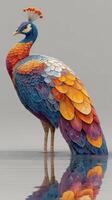 Colorful peacock stands gracefully in calm water reflecting vibrant plumage during a serene moment photo