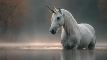 Majestic unicorn standing in serene misty water at dawn in a quiet forest setting photo