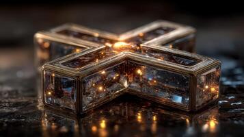 Intricate glass sculpture capturing light in an artistic display on a dark surface photo