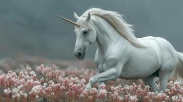 Majestic unicorn prances through a field of blooming flowers in soft morning light photo