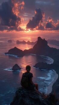 Sunset over the ocean from a rocky viewpoint with a hiker admiring the stunning scenery photo