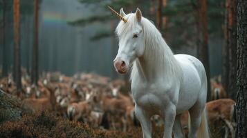 Majestic unicorn stands gracefully among a herd of deer in a serene forest at dusk, enhancing the magical atmosphere photo