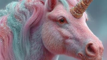 Vibrant unicorn in a wintery landscape with sparkling snow and colorful mane photo