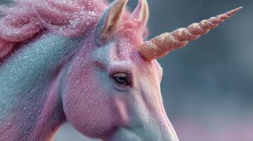 Magical unicorn with shimmering coat and spiral horn captured in a dreamy forest setting during twilight hours photo