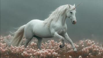 Magical white unicorn prancing through a field of flowers in a misty landscape at dawn photo