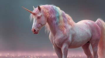 Majestic unicorn with pastel mane standing gracefully in a misty enchanted forest at twilight photo