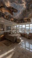 Luxury bedroom features dinosaur mural on ceiling with stunning mountain view in background during late afternoon photo