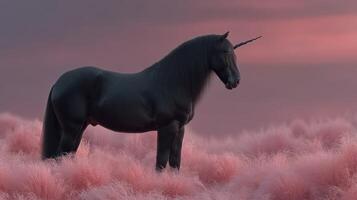 Majestic black unicorn standing gracefully in a field of soft pink grass during sunset photo