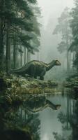 Majestic dinosaur roaming in a misty forest by a tranquil lake during early morning hours photo