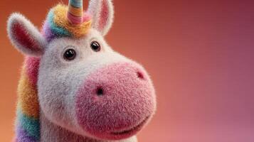 Colorful unicorn plush toy with a whimsical expression against a gradient background photo