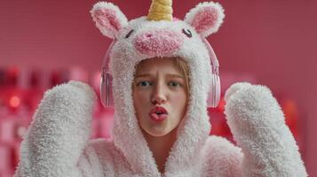 Young person wears a unicorn hoodie with headphones against a pink background while expressing excitement photo
