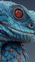 Bright blue lizard with intricate scales and vivid red eye in close-up view photo
