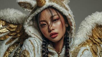 Stunning model showcases unique unicorn hoodie design with golden accents and intricate details indoors photo