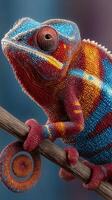 Colorful chameleon perched on a branch in a tranquil setting showcasing vivid patterns and textures in nature photo