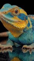 Colorful lizard resting on a reflective surface in a dark environment highlighting its vibrant features photo