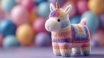 Colorful plush unicorn stands out against a vibrant backdrop of pastel-colored balls in a playful setting photo