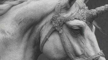 Majestic unicorn with intricate bridle in detailed black and white drawing showcasing elegance and fantasy elements photo
