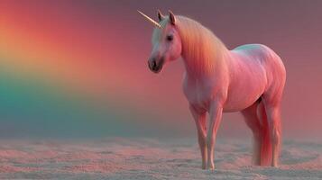 Majestic unicorn standing on pastel sand with a rainbow background during a serene twilight setting photo