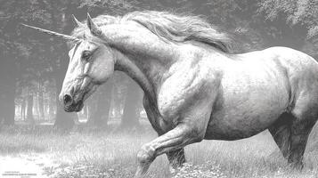 Majestic unicorn walking gracefully through a misty forest on a calm morning photo