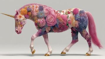 Colorful floral unicorn gracefully walking on a plain background photo