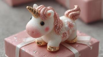 Cute unicorn figurine on a pink gift box for a birthday celebration in a cozy indoor setting photo
