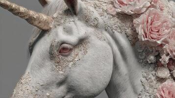 Detailed portrait of a unicorn adorned with floral decorations in a minimalist setting photo