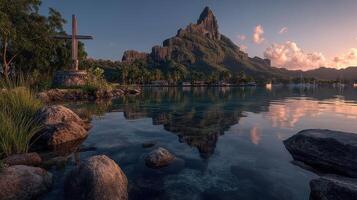 Stunning view of a mountain reflecting in calm waters during sunset at a tropical location photo