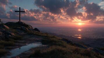 Sunset over a mountain viewpoint with a cross and serene landscape photo