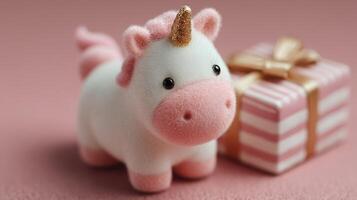 Cute unicorn figurine sits beside a small gift box on a pastel pink background creating a whimsical atmosphere photo