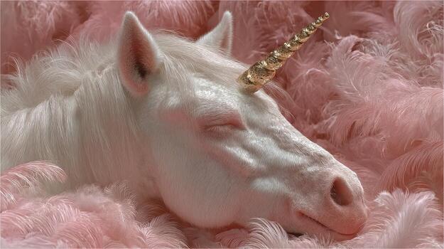 Majestic unicorn resting on a bed of soft pink feathers in a whimsical fantasy setting during daylight photo
