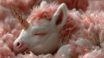 Sleepy baby unicorn resting on fluffy pink clouds in a magical setting during a serene afternoon photo