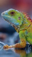 Close-up of a vibrant lizard with unique colors and textures resting on a rock during early morning light in a natural habitat photo