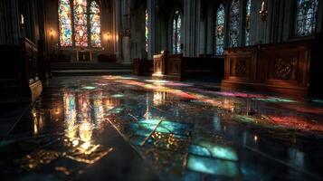Stunning reflections of stained glass light on a polished stone floor in a historic cathedral during the afternoon photo