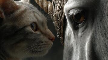 Unique encounter between a cat and a unicorn in a whimsical fantasy setting with intricate details photo