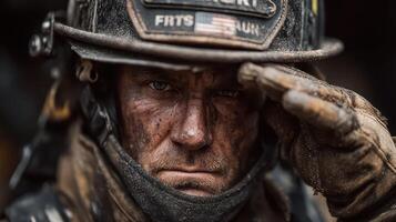 Firefighter salutes with determination and pride after bravely battling a blaze at an intense urban emergency scene photo