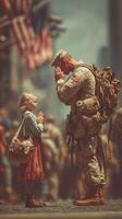 Emotional reunion between a soldier and a young girl in a bustling city during the day photo