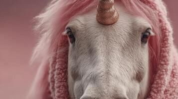Unique unicorn with pink mane and horn posed against a pastel background in a whimsical setting photo