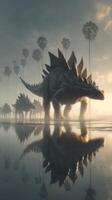 Dinosaur herd walking through misty landscape at dawn with reflections in water photo