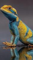 Colorful lizard perched on a rock displaying vibrant blue and yellow patterns under natural light photo