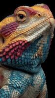 Vibrant close-up of a colorful lizard showcasing intricate scale patterns in natural lighting photo