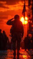 Soldier salutes during sunset on military base, highlighting dedication and camaraderie among troops photo